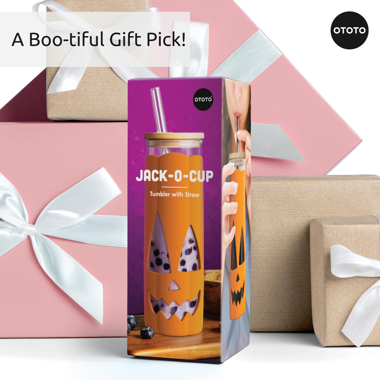 OTOTO NEW Jack-o-Cup Glass Cups with Lid and Straws - Glass Coffee Tumbler with Straws, Halloween, Goth, Witchy Gifts, Iced Coffee Cups, Glass tumbler with Bamboo Lid, 16.9oz