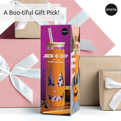 OTOTO NEW Jack-o-Cup Glass Cups with Lid and Straws - Glass Coffee Tumbler with Straws, Halloween, Goth, Witchy Gifts, Iced Coffee Cups, Glass tumbler with Bamboo Lid, 16.9oz
