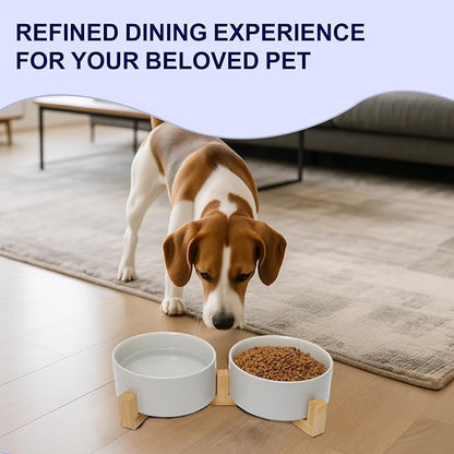 Dog Food Bowl, 28.7 oz Ceramic Food and Water Bowls for Dogs, Pet Dishes Set with Wood Stand, for Small Size Dog and Cat, No Spill Feeding Station with Weighted Base, Grey