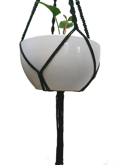 Macrame Plant Hanger & Holder, Hanging Planter 4 Legs Double Deck for 8 inch to 10 inch Two Pots Indoor Outdoor Hanging Planter Cotton Rope 67 Inch with Metal Ring (Cotton-Black)