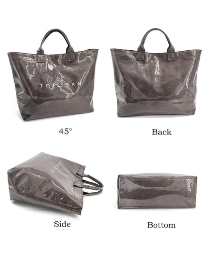 LuxMall PVC Tote Bag for Women Large Tote Purse Kraft Paper The Letters Print Bag Hobo Handbag with Top Handle for Work Travel Shopping Beach, Coffee Brown