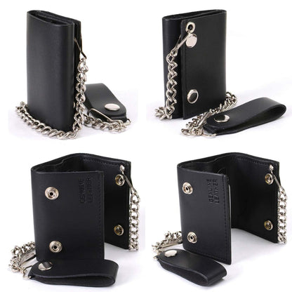 Milwaukee Leather MLW7831 Men's 4" Classic Black Plain Genuine Leather Tri-Fold Biker Wallet w/Anti-Theft Stainless Steel Chain - One Size