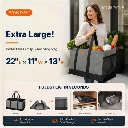 WONDAY Extra Large Foldable Grocery Tote Bag With Handles for Storage, Picnics, Beach, Pool, Laundry - Reusable Shopping Bag (Grey)