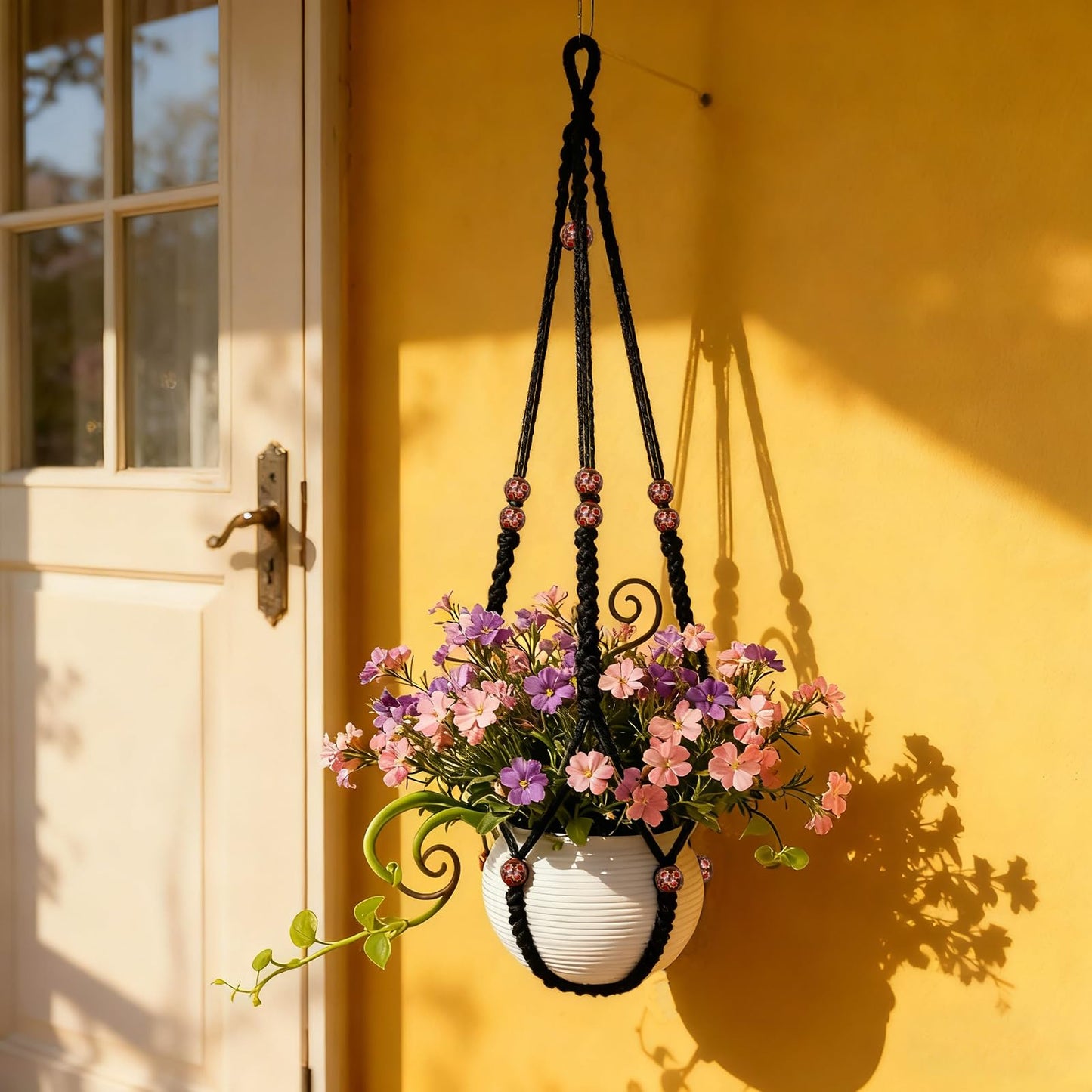 HOREAKHJ 35 Inch Macrame Plant Hanger, Large for up to 15 Inch Pot Extra Long Hanging Planter Holder Basket with Wood Beads for Indoor Outdoor Home Decor (Black, 1-Pack)