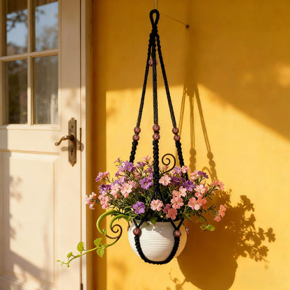 HOREAKHJ 35 Inch Macrame Plant Hanger, Large for up to 15 Inch Pot Extra Long Hanging Planter Holder Basket with Wood Beads for Indoor Outdoor Home Decor (Black, 1-Pack)