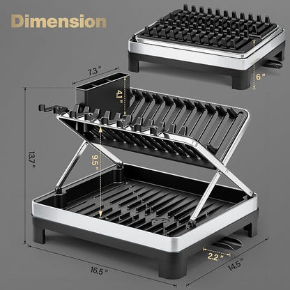 Dish Drying Rack, 2-Tier Stainless Steel Dish Rack with X-Frame and Drainage Spout, Large Collapsible Dish Drainer for Kitchen Counter, Dish Strainer with Utensil and Wine Glass Holder, Black