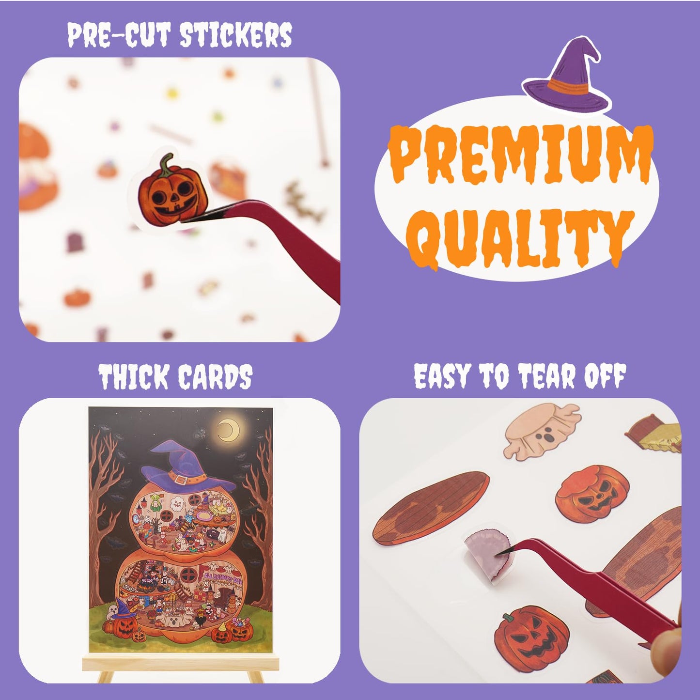 Halloween Extra Large Scene Stickers Set Include 4 Big Size 3D DIY Sticker with Background Card & Tweezer: Miniature House & Room Creative Play Kits for Adults Stress Relief Pass Time