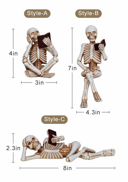 Dlfghos 3 Pieces Halloween Skeleton Statue Halloween Skull Figurine Home Decor Reading Skeleton Figurines Decorations for Indoor Fireplace Home Kitchen Desk Office Party