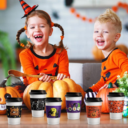 36 Pcs Halloween Coffee Cups Sleeves, Disposable Double Layer Paper Sleeves Corrugated Cup Paper Jacket for 12oz 16oz Hot Chocolate Coffee Tea or Cold Beverage, 6 Designs