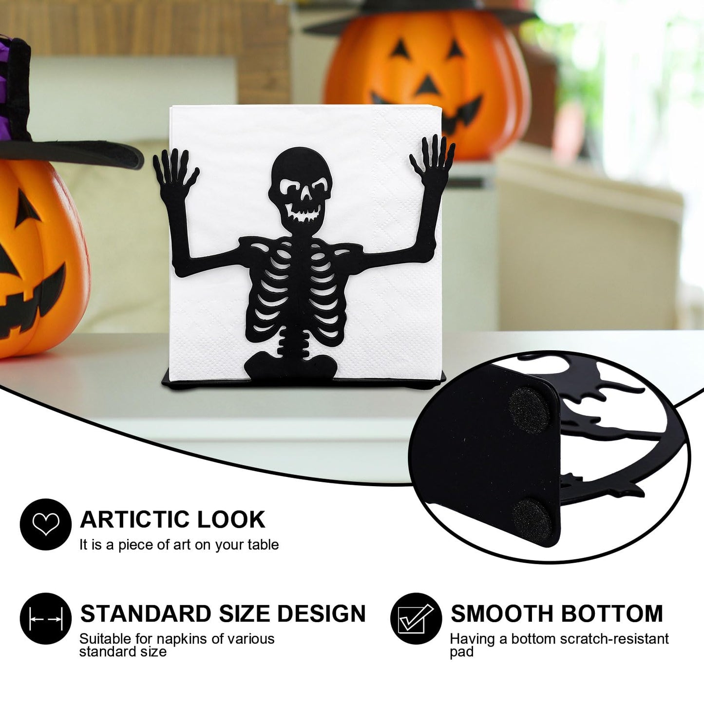 FYSUIMU Halloween Skeleton Napkin Holder Matte Black Metal Freestanding Tissue Dispenser Vertical Tabletop Decor Napkin Holder for Party Home Kitchen Restaurant Picnic