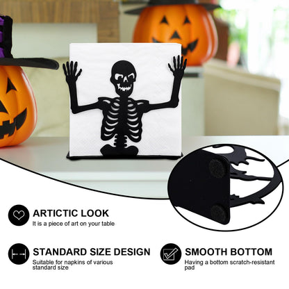 FYSUIMU Halloween Skeleton Napkin Holder Matte Black Metal Freestanding Tissue Dispenser Vertical Tabletop Decor Napkin Holder for Party Home Kitchen Restaurant Picnic