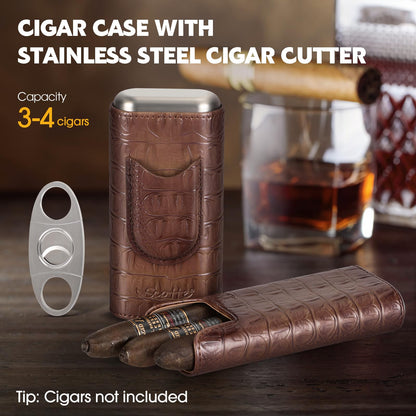 Scotte Cigar Case Leather Cigar Travel Case Cedar Wood Lined Portable Cigar Humidor Box with Cigar Cutter Elegant Cigar Box Great Cigar Accessories for Men