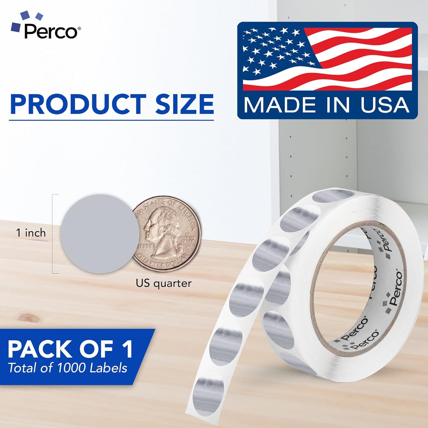 Perco Silver 1-Inch Round Circle Dot Sticker Labels with Permanent Adhesive for Wedding Invitations - 1,000 Labels per Roll - Vibrant Colors, Strong Adhesion - Made in USA