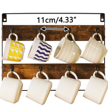 IBUYKE Mug Racks for Wall,Set of 3, 24-Hook Large Coffee Mug Holder Wall Mounted, Rustic Wood Coffee Mug Rack Display Organizer for Kitchen, Home,Bar, Coffee Station,Rustic Brown TBJ005H-3
