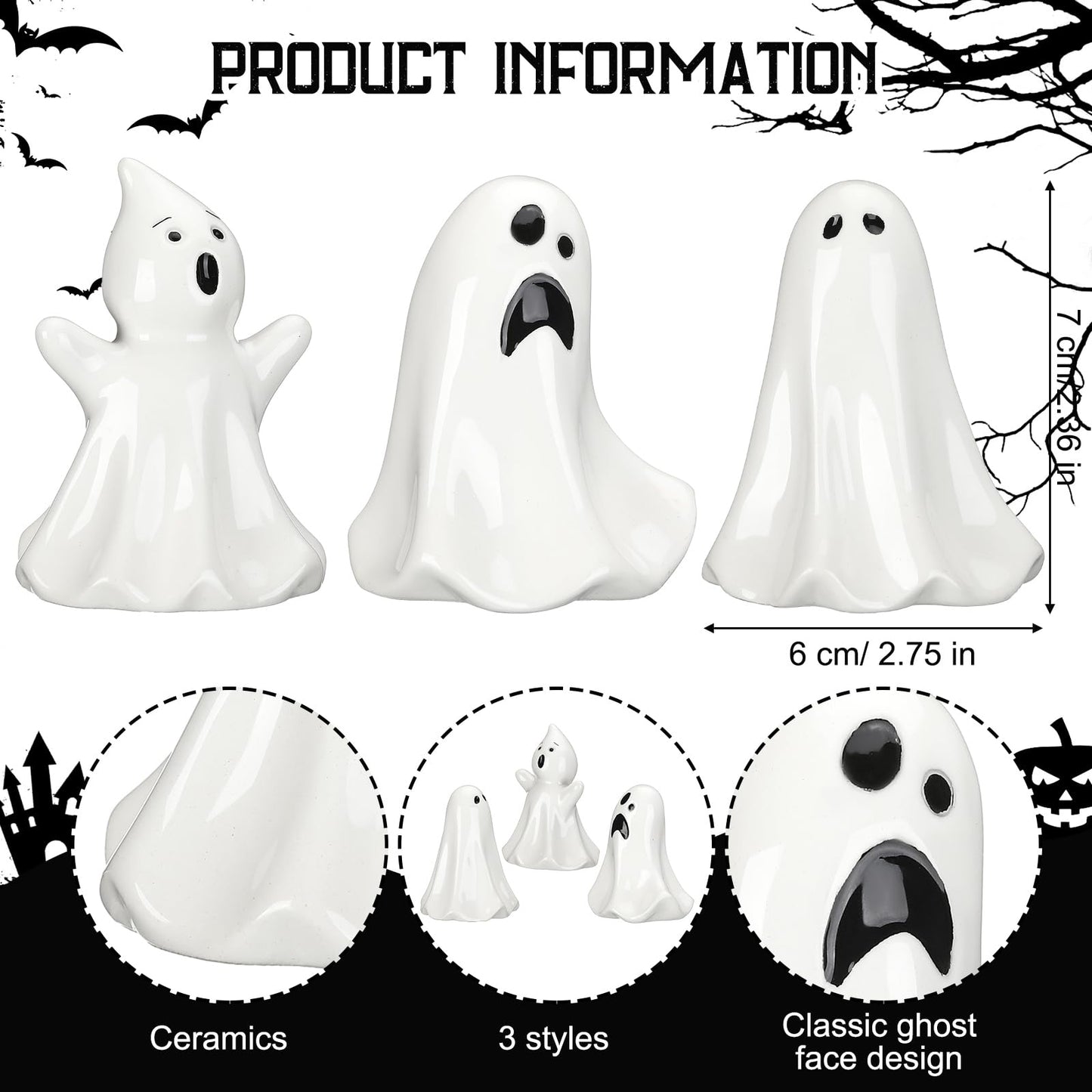 Domensi 6 Pcs Ghost Decor Ceramic White Figurines Ghost Statue Spooky Halloween Decor Scary Statue Decoration Cute Sculpture for Gift Props Home Tabletop Decorations(Classic)