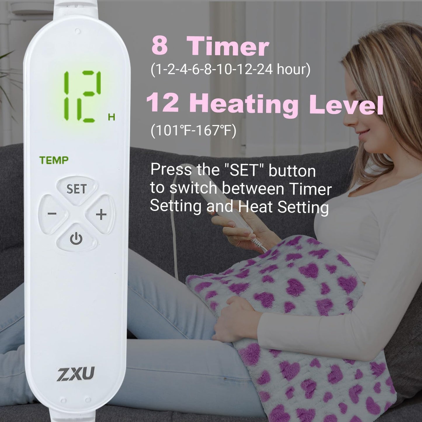 ZXU Heating Pad for Back Pain Relief, Ultra Soft Sherpa Heating Pad for Cramps Relief with 12 Heat Setting, Moist Heat Option, and Auto Shut Off Function Hot Heated Pad (Pink,Heart Pattern)