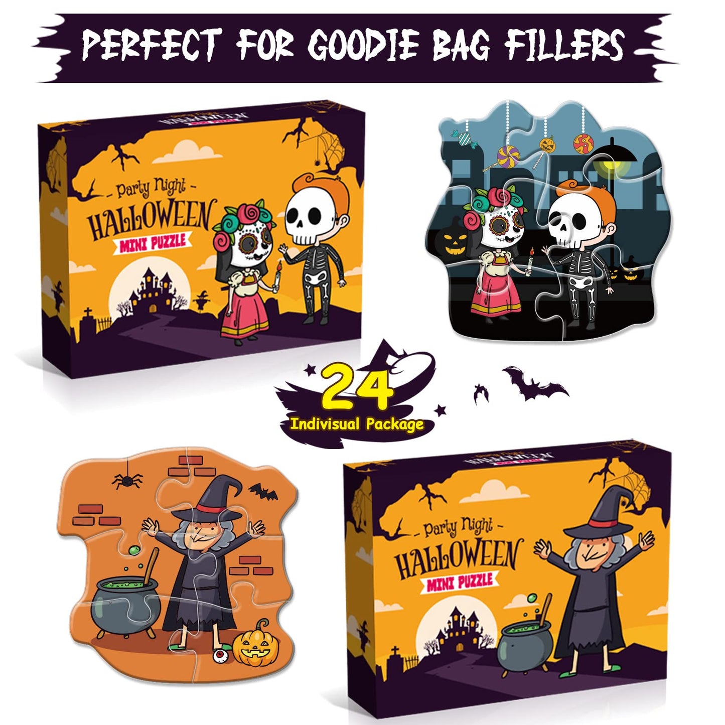 Shemira Halloween Party Favor for Kids, 24 Pack Jigsaw Puzzles in Halloween Theme Designs for Trick or Treating, Halloween Goodie Bag Filler,Miniatures Novelty Toy, School Classroom Reward