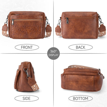VIMUTI Crossbody Bags for Women Trendy,Leather Crossbody Purses Embossed Design,Multi Pocket Lightweight Shoulder Handbag (01-Brown)