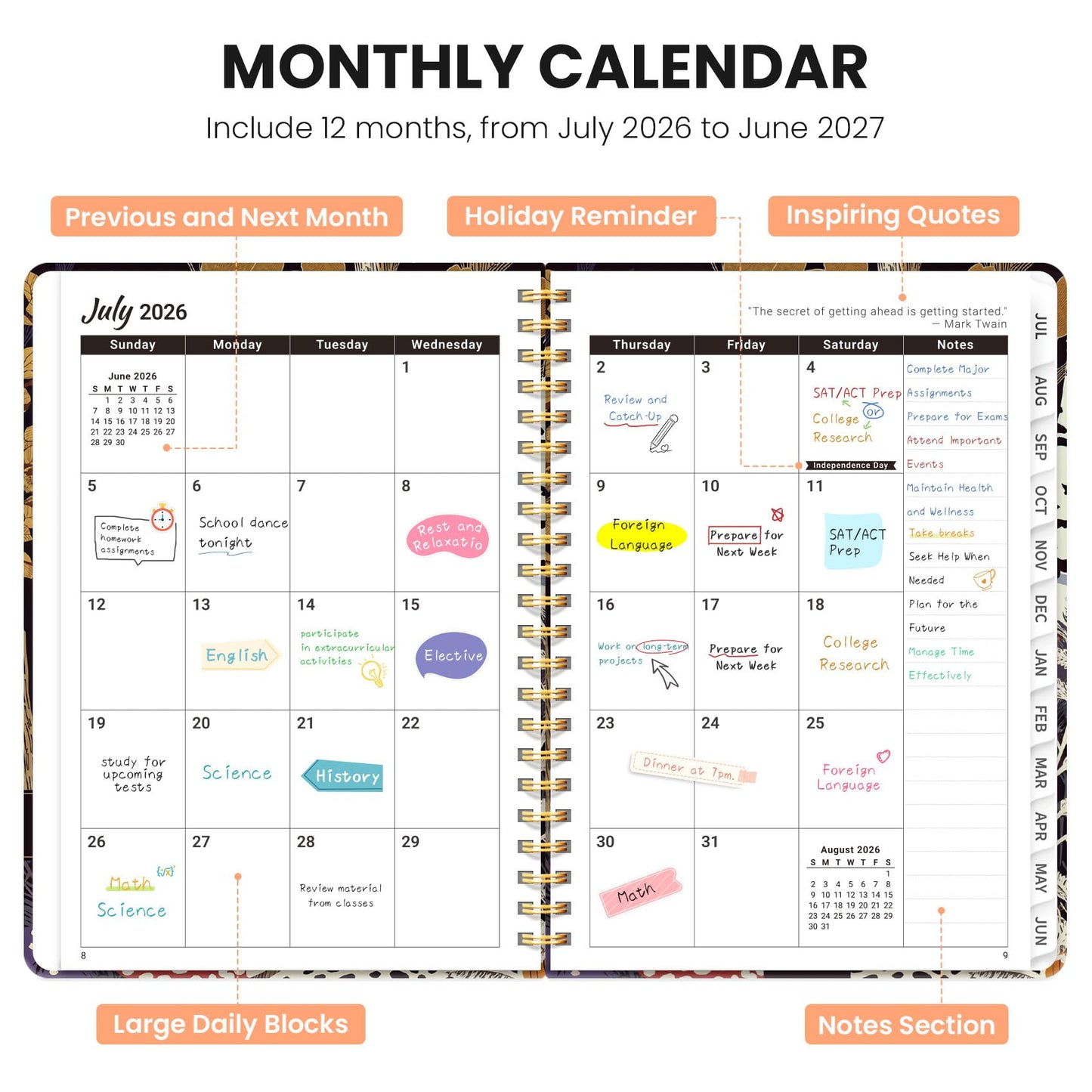 Academic Planner 2026-2027, Monthly and Weekly Calendar Planner, July 2026 - June 2027, Pretty Hardcover Teacher Student Planning Agenda Book with Tabs, Fit for School Office Supplies, 6.3" x 8.5", Woodland Watch