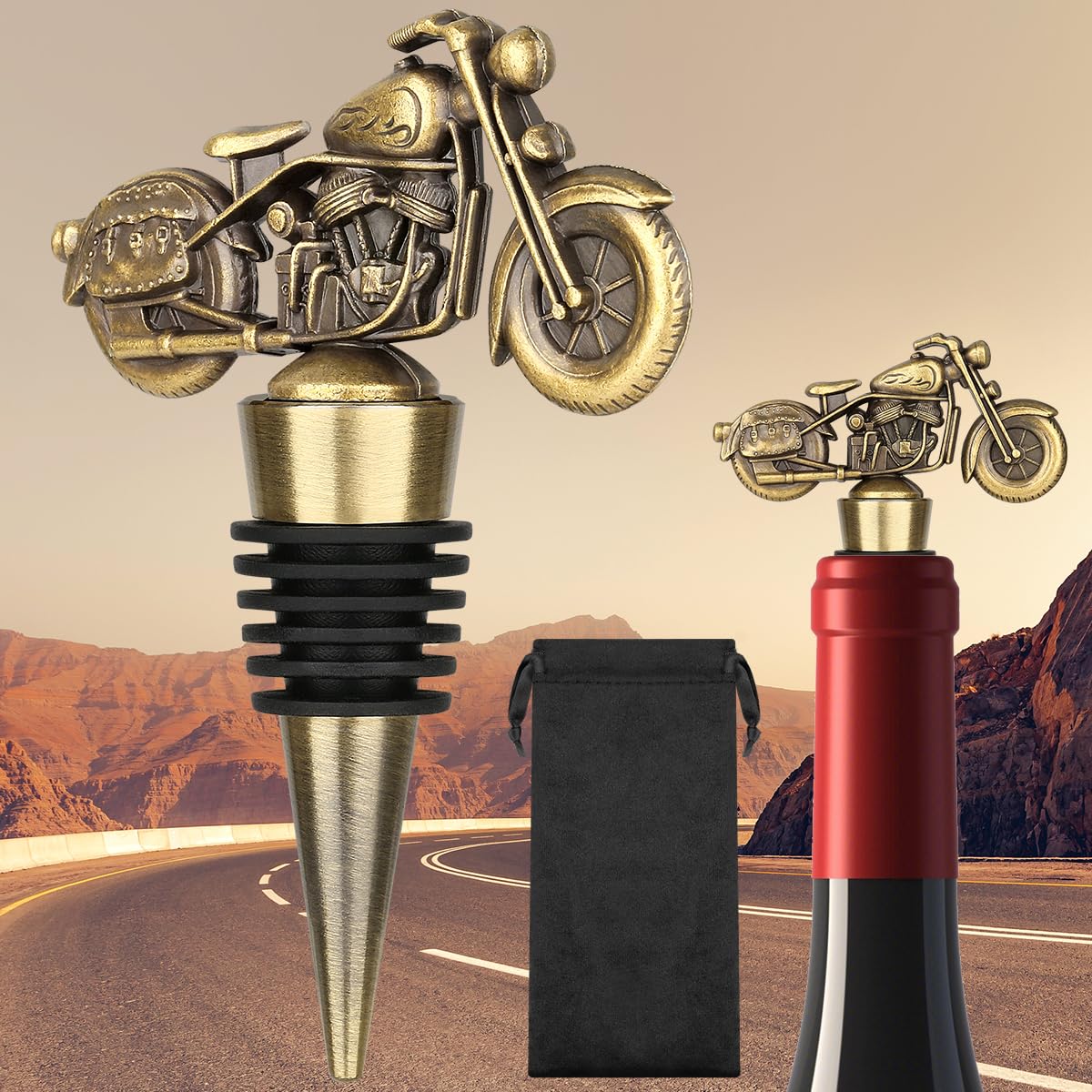 LULLEA Motorcycle Wine Bottle Stopper, Unique Motorcycle Gifts Wine Gifts for Men Women, Father's Day, Christmas, Birthday Gifts for Bikers, Wine Saver, Bronze with Bag
