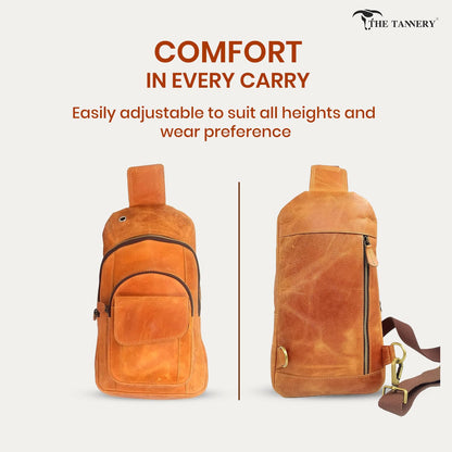The Tannery Handmade Buffalo Leather Multipurpose Travel Hiking Crossbody Chest Backpack with Adjustable Shoulder Strap, Thanks Giving (Camel Brown, Small)