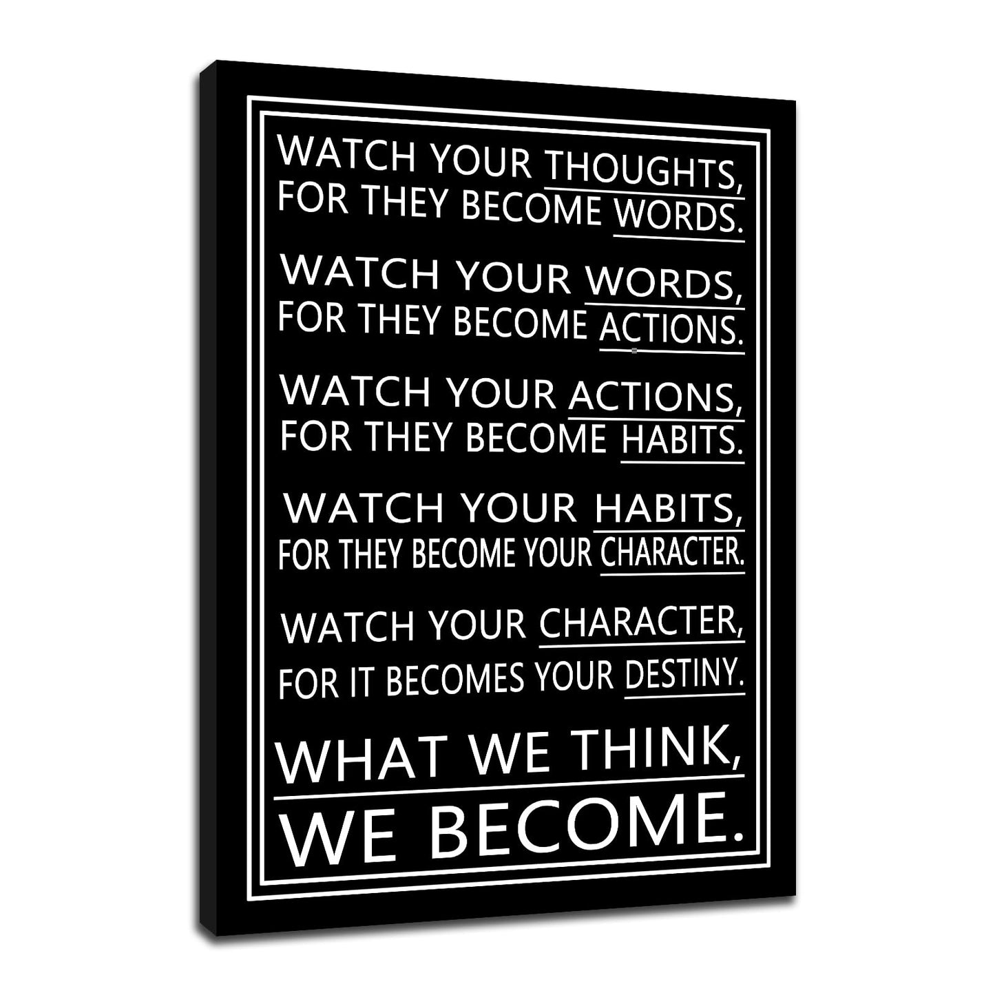 DINGFUN Inspirational Posters Watch Your Thoughts Quote Wall Art, Black White Canvas Poster, Single Panel Framed Decor for Bedroom Dorm Classroom, 24x18 Inch Display Print