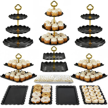 Pack of 11 NWK Cake Stand Set, with 3 x Two-Tier and 3 x Three-Tier Cupcake Stands, 4 x Appetizer Trays, 1 x Tablecloth for Birthday Bridal Baby Shower Party (Black)