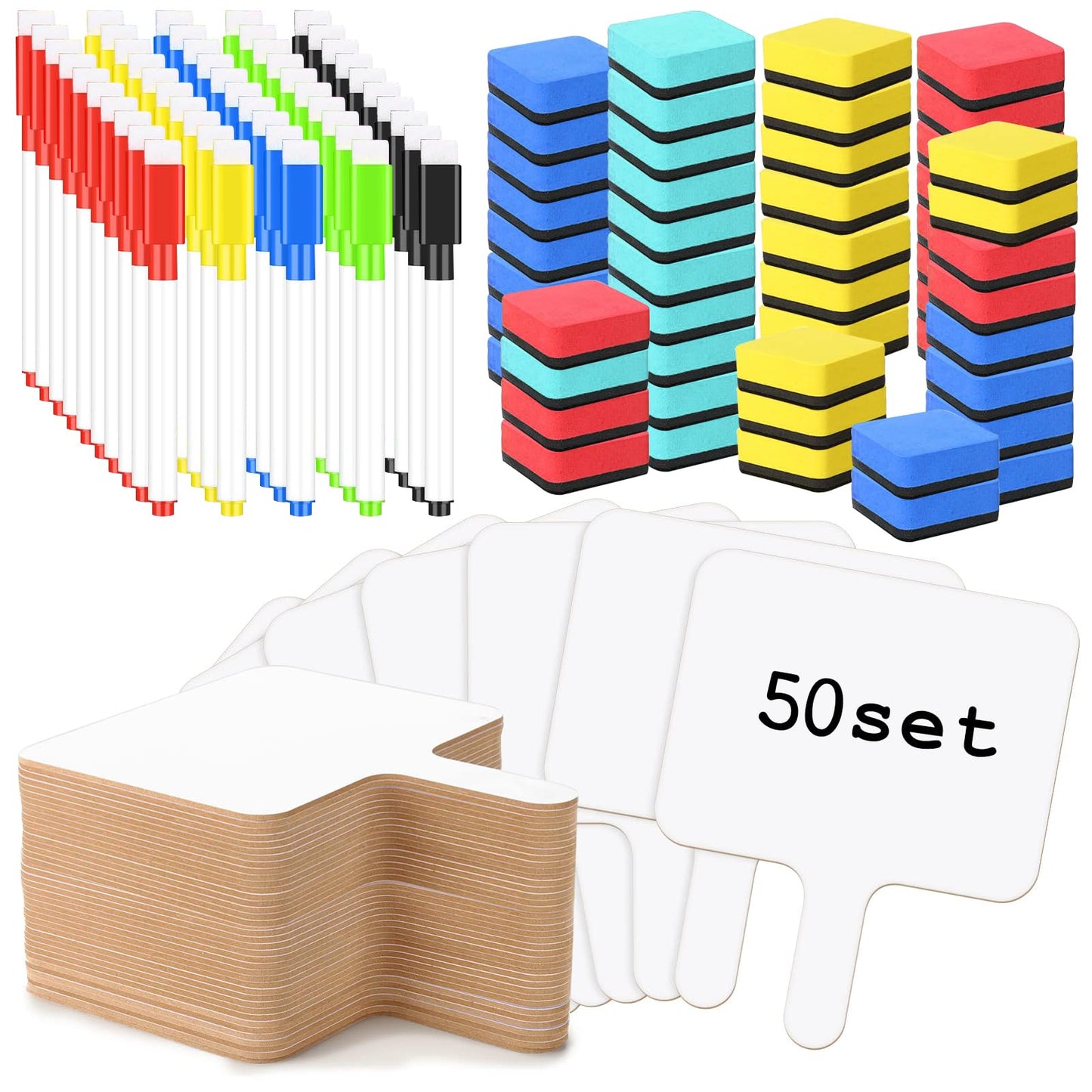 50 Pack Dry Erase Answer Paddles with Handle, 8 x 10 Inch Wooden Double-Sided Handheld Whiteboards Reusable Writing Boards with 50 Markers & 50 Erasers for Classroom Teaching & Auction Paddles Bidding