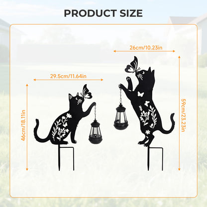 Cat Solar Lights Outdoor Garden, 2 pcs Lantern Stakes Decorative Black Ornament with Butterfly,Metal Garden Decor Art for Outside Lawn Yard Patio, Cat Yard Art Gifts for Halloween,Christmas