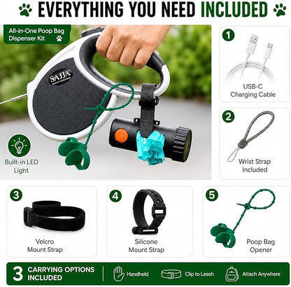 Dog Poop Bag Holder with Rechargeable LED Flashlight – Quick-Silicone Finger Grip Bag Opener, Hands-Free Dispenser with Silicone & Velcro Straps & Hand Strap – Fits Any Leash for Easy Dog Walking