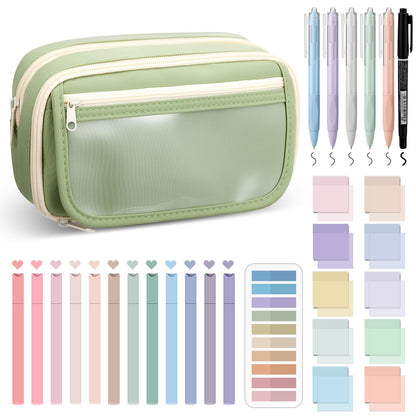Jutom 39 Pcs Aesthetic Book Annotation Kit Highlighter with Pencil Case Bag Gel Pen Transparent Sticky Note Taking Bible Study College School Supplies (Green,Minimalist Style)