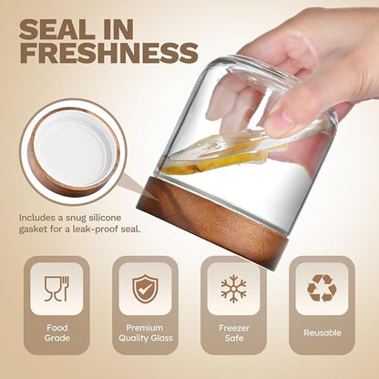 Bumobum 10 oz Glass Mason Jars with Lids, Glass Container with Acacia Wood Airtight Lid, Wide Mouth Canisters for Chia Pudding Loose Tea Coffee Meal Prep Parfait Salad Snacks Yogurt Spice, 2-Pack