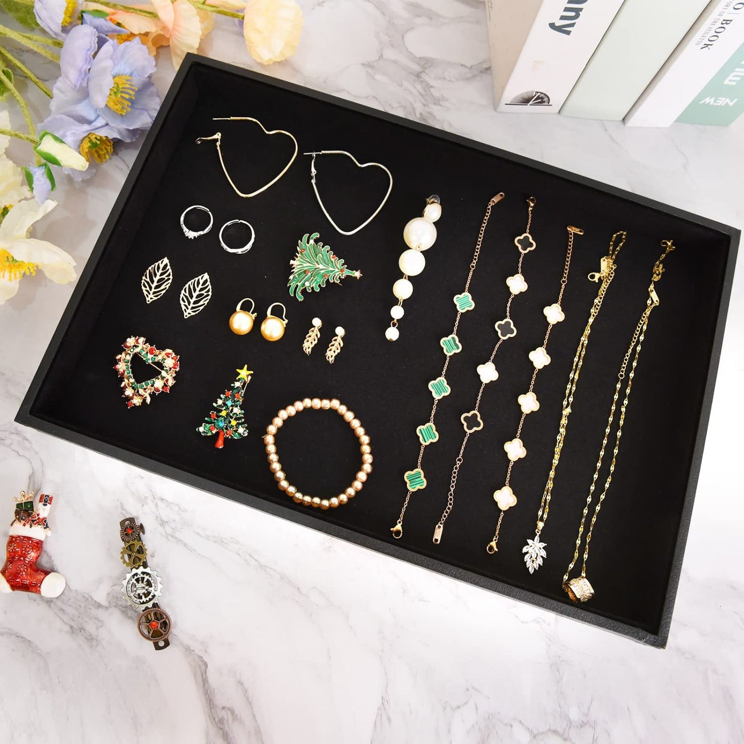 JETEHO Velvet Jewelry Tray for Drawers Black Jewelrys Display Tray Stackable Jewelry Organizer Trays for Necklace Bracelet Ring Watch (1, Black)