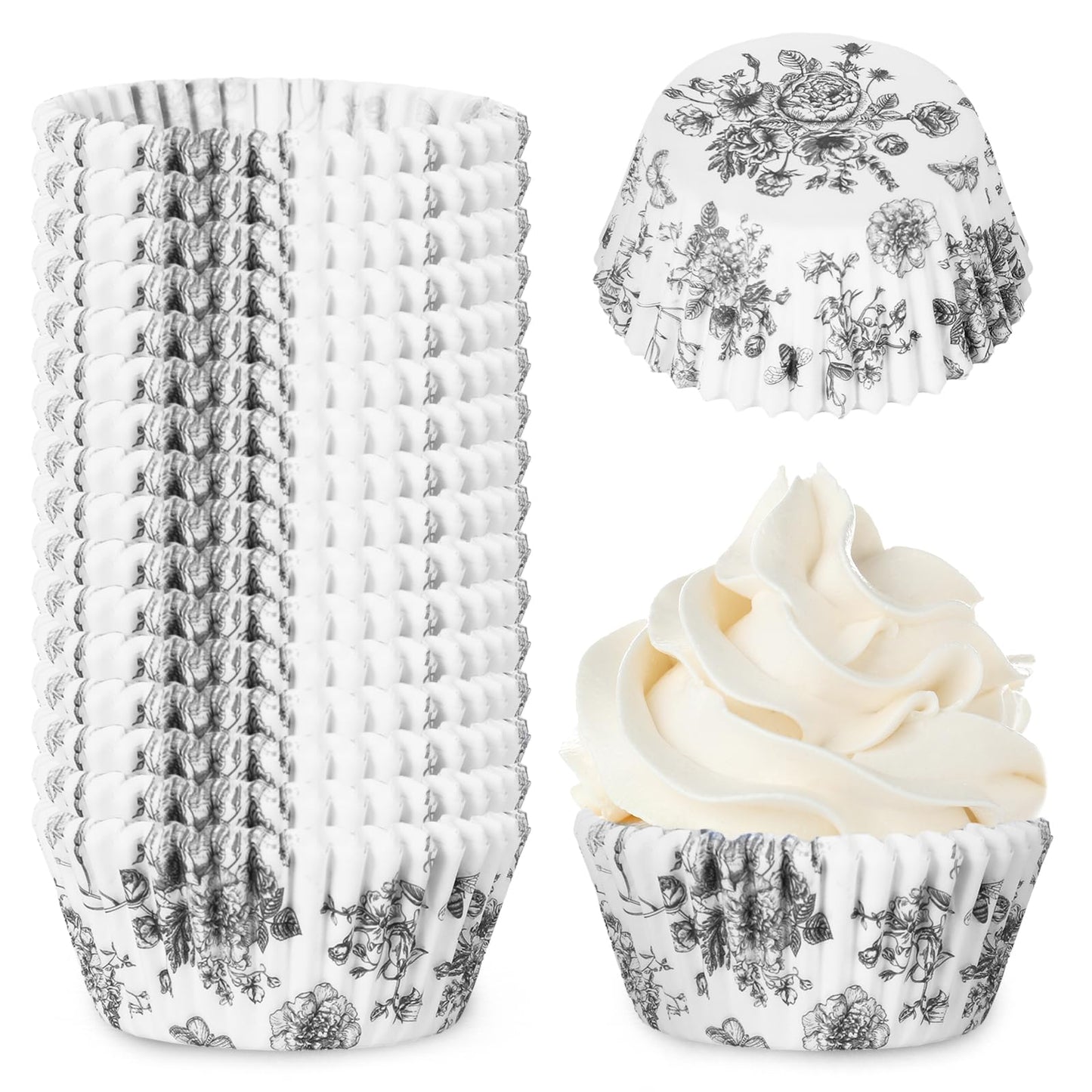 JarThenaAMCS 600Pcs Black Floral Cupcake Liners Chinoiserie Flower Cupcake Wrappers Paper Disposable Decorative Muffin Brownie Cups for Baking Party Supplies