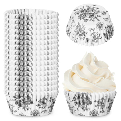 JarThenaAMCS 600Pcs Black Floral Cupcake Liners Chinoiserie Flower Cupcake Wrappers Paper Disposable Decorative Muffin Brownie Cups for Baking Party Supplies