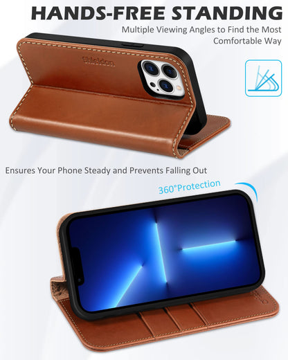 SHIELDON Case for iPhone 13 Pro 5G, Genuine Leather Folio Wallet Magnetic Shock Absorbing Case RFID Blocking Credit Card Holder Kickstand Compatible with iPhone 13 Pro 6.1" - Retro Brown