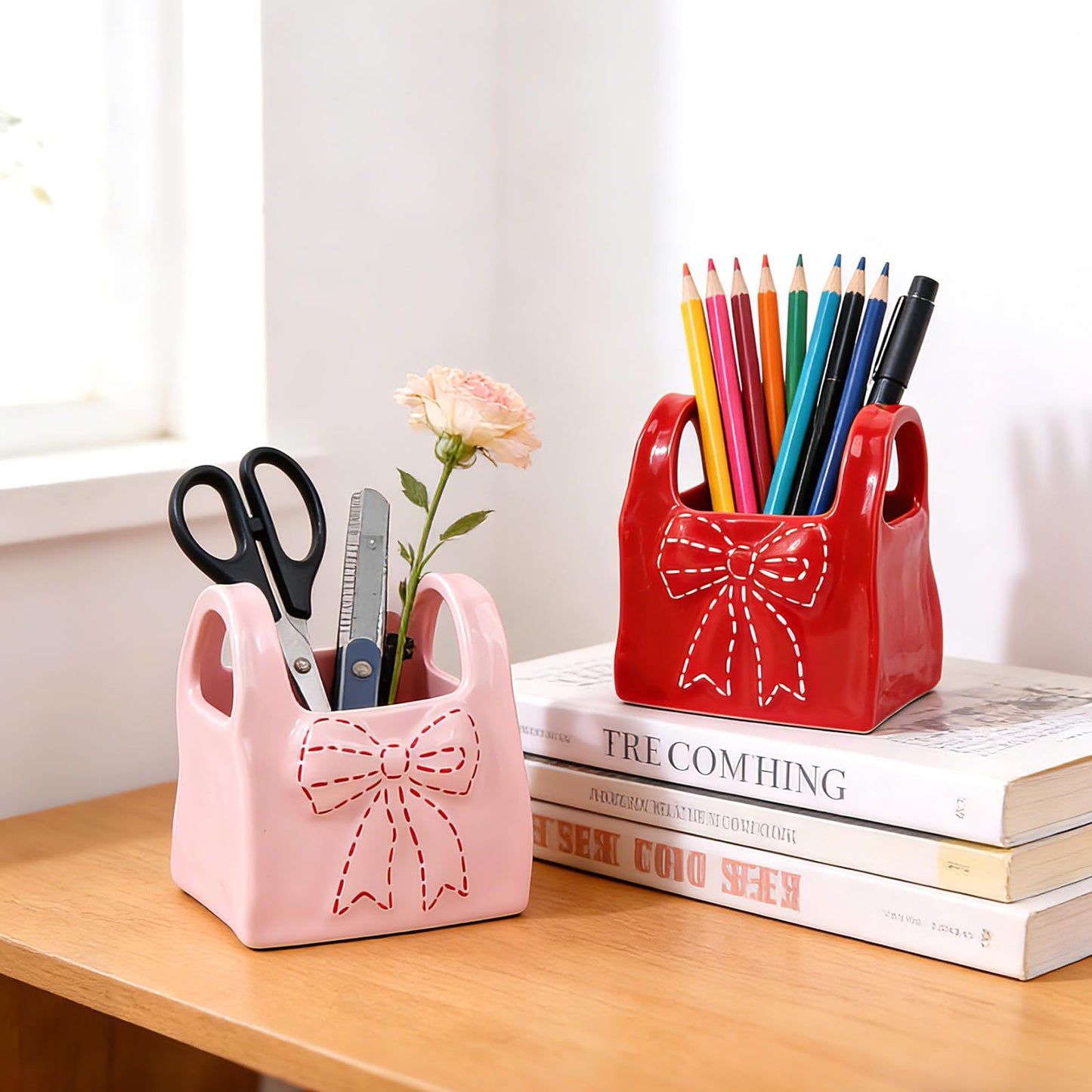 elephtree Bow Ceramic Pen Holder for Desk, Cute Pen Holder for Desk & Makeup Brush Holder, Multi‑Use Toothbrush Holders, Girly Desk Accessories for Office, Bathroom, Vanity Gift for Women Girls