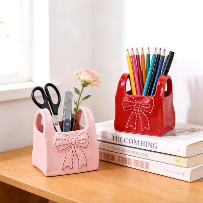 elephtree Bow Ceramic Pen Holder for Desk, Cute Pen Holder for Desk & Makeup Brush Holder, Multi‑Use Toothbrush Holders, Girly Desk Accessories for Office, Bathroom, Vanity Gift for Women Girls