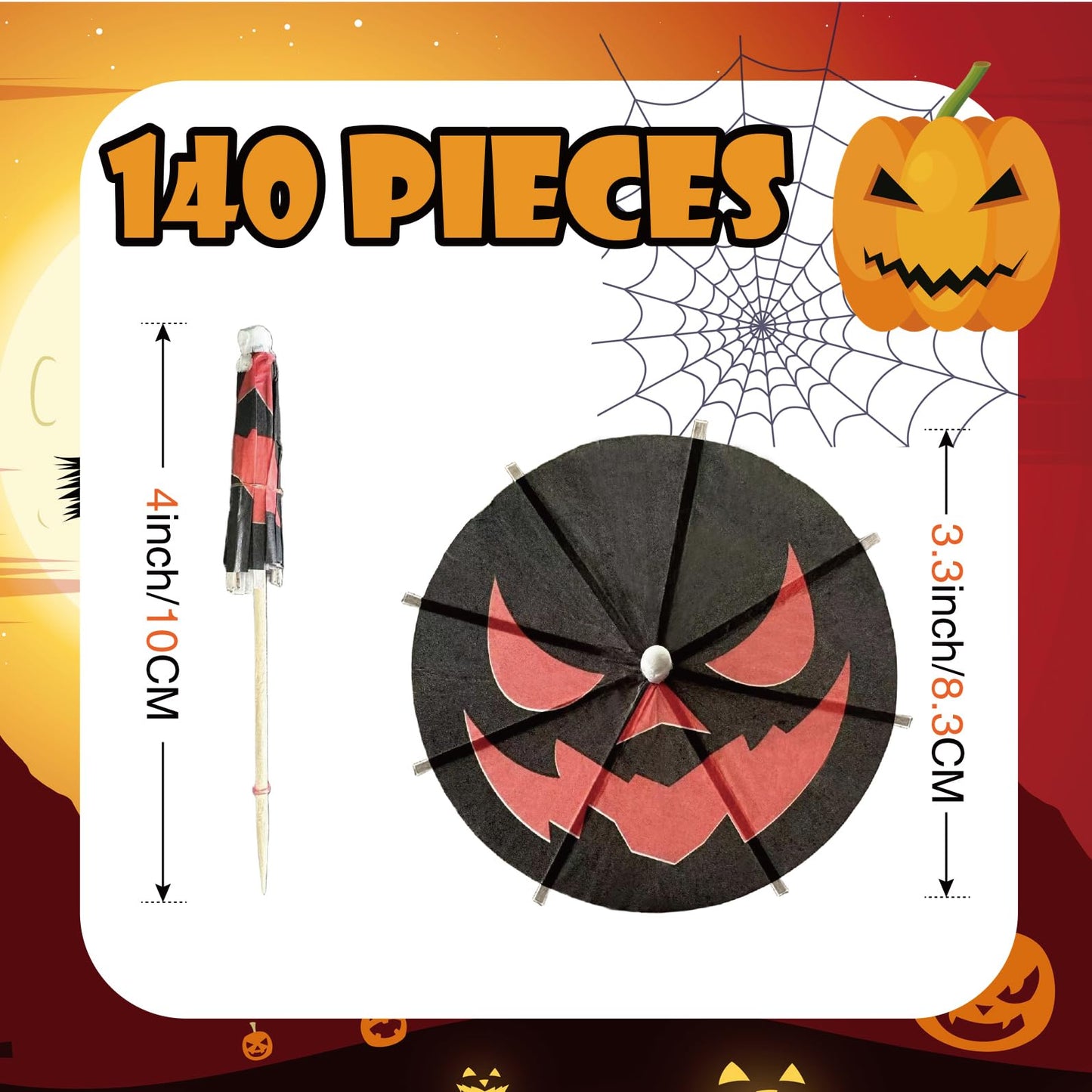 140 Pcs Halloween Pumpkin Cocktail Drink Umbrella Picks, 4 Inch Spooky Paper Toothpicks with Pumpkins Cocktail Umbrellas Fruit Dessert Cupcake Topper Sticks for Halloween Party Decorations (Black)