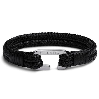 Elegatto Meraki Premium Double Braided Leather Bracelet for Men | Full-Grain Leather with Silver Polished Stainless Steel C-Clasp | Men’s Designer Bracelets