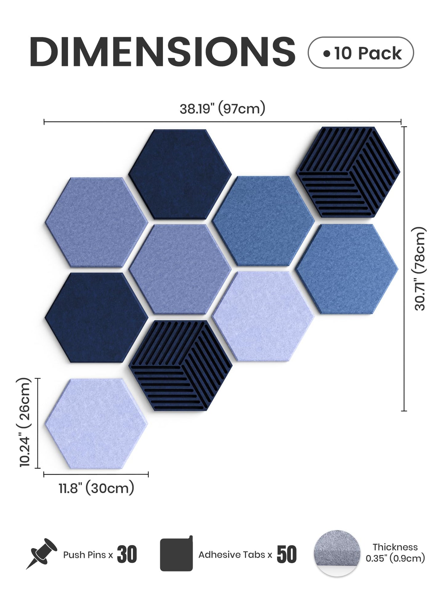 Fluxynara Hexagon Cork Board Alternative for Walls Decor-10-Pack Felt Bulletin Board Tiles,with 30 Pushpins,50 Adhesive Tabs for Office,Classrooms & Home Pin Board Felt Board-Denim Mist