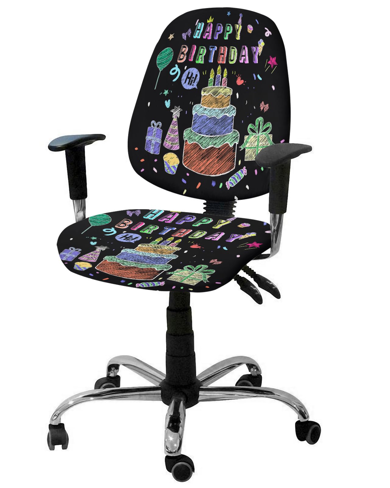 LiDU Happy Birthday Office Chair Cover - Stretch Rotating Computer Chair Seat Back Covers, Birthday Gifts Cake Balloons Black Desk Chair Covers Stretchable Office Chair Slipcovers Protectors