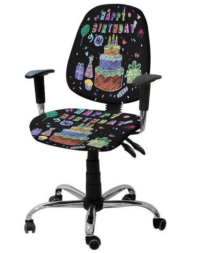 LiDU Happy Birthday Office Chair Cover - Stretch Rotating Computer Chair Seat Back Covers, Birthday Gifts Cake Balloons Black Desk Chair Covers Stretchable Office Chair Slipcovers Protectors