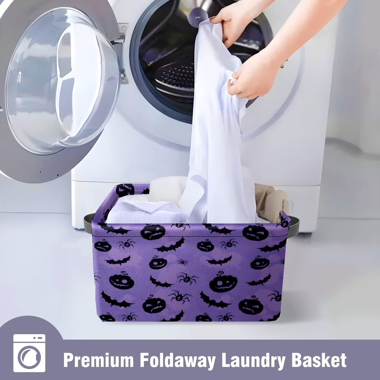 Andemie Halloween Bin Purple Pumpkin Bats Basket Large Foldable Storage Bin Cube Collapsible Organizer Trick or Treat Bags Candy Buckets for Halloween Parties