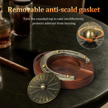 SEMKONT Cigar Ashtray, Horseshoe Wooden Portable Ashtray with Cutter, Zinc Alloy Anti-scald Gasket, Cigar Slot and Holder for home, office, bar and outdoor (Brown-Portable Ashtray)