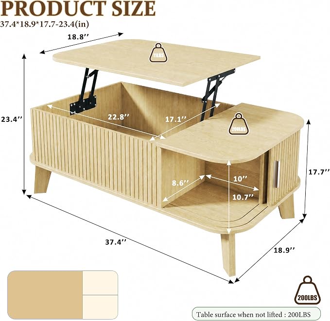 HUAHUU Coffee Table with Storage, 37.4" Lift Top Table for Living Room, Mid Century Modern Coffee Table with Sliding Fluted Doors for Small Space, Light Oak