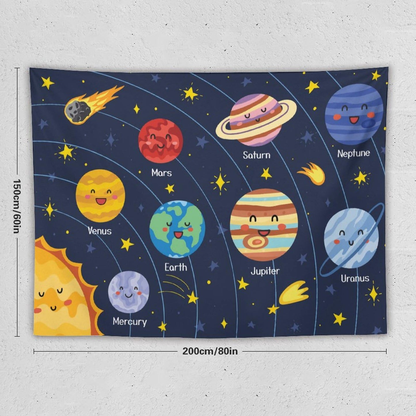 DDCBNS Cartoon Solar System Tapestry for Kids Boys Girls,Cute Outer Space Planet Universe Galaxy Print Tapestry Wall Hanging Home Décor for Study Bedroom Living Room Nursery 80" x 60"