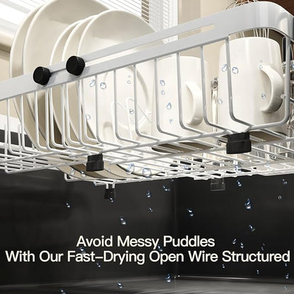 MAJALiS White Dish Drying Rack Over The Sink with Utensil Holder, Mat | Expandable Stainless Steel Dish Drainer for Small Kitchen, Apartment, RV, Counter Space Saving, Perfect Fit, Rustproof