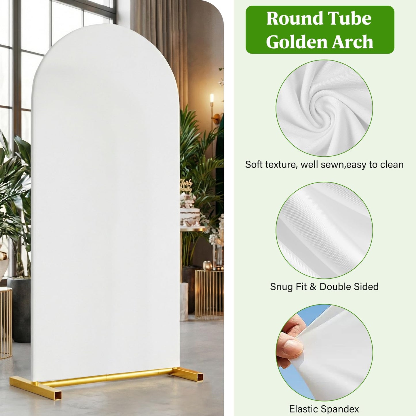 CludPark Arch Backdrop Stand with Cover Set, 7.2FT,6.6FT,6FT Gold Metal Wedding Arch for Ceremony, Heavy Duty Balloon Arch Stand with White Spandex Cover for Birthday Party, Baby Shower, Graduation