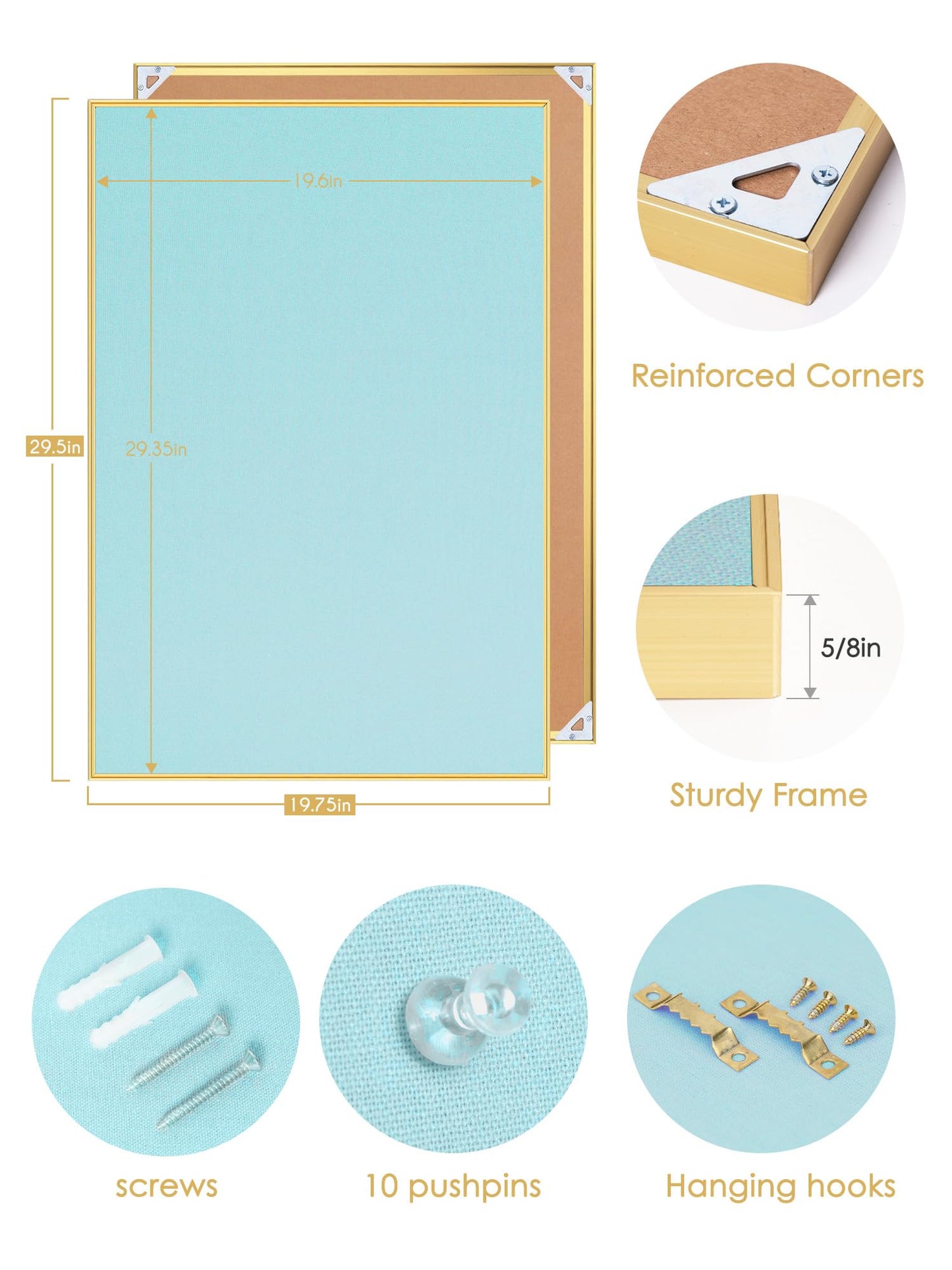 Lightomorrow Bulletin Board 30 x 20 inches, Dark Blue Pin Board, Golden Aluminum Framed Fabric Cork Board with 10 Push Pins